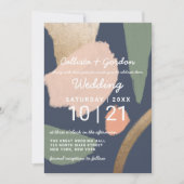 抽象芸術モダン金ゴールドネイビーピンク結婚セージ 招待状 (正面)