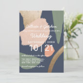 抽象芸術モダン金ゴールドネイビーピンク結婚セージ 招待状 (スタンド正面)