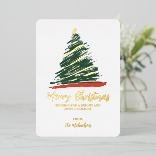 抽象芸術モダン金ゴールドレッドグリーンツリークリスマスフォイル 箔シーズンカード (立ち正面)