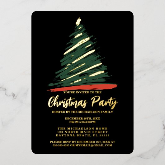 抽象芸術モダン金ゴールドレッドグリーンツリークリスマス 箔招待状 (正面)