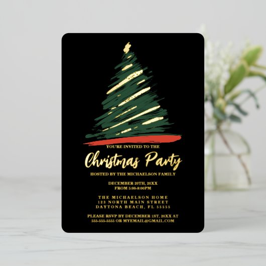 抽象芸術モダン金ゴールドレッドグリーンツリークリスマス 箔招待状 (立ち正面)