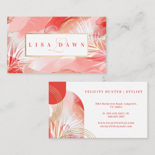 抽象芸術モダン金ゴールド、ピンクと赤の水色インク 名刺 (正面/裏面)
