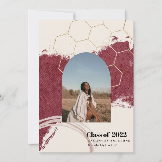 抽象芸術モダン金ゴールド&ピンク卒業写真 招待状 (正面)