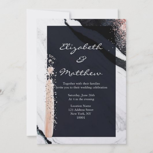 抽象芸術モダン黒と白の大理石グラム結婚ズ 招待状 (正面)