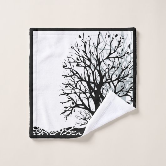 抽象芸術モダン黒木シルシルエット白 バスタオルセット (ウォッシュタオル)