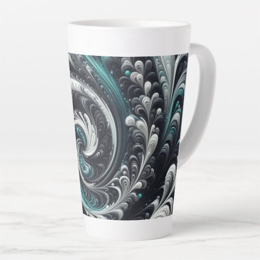 抽象芸術モダン、緑、銀、黒の渦巻き カフェラテマグ (右アングル)