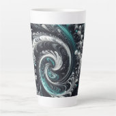 抽象芸術モダン、緑、銀、黒の渦巻き カフェラテマグ (正面)