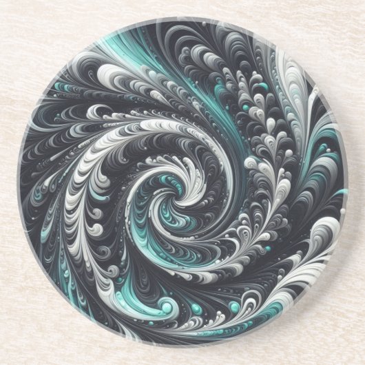 抽象芸術モダン、緑、銀、黒の渦巻き コースター (正面)
