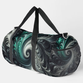 抽象芸術モダン、緑、銀、黒の渦巻き ダッフルバッグ