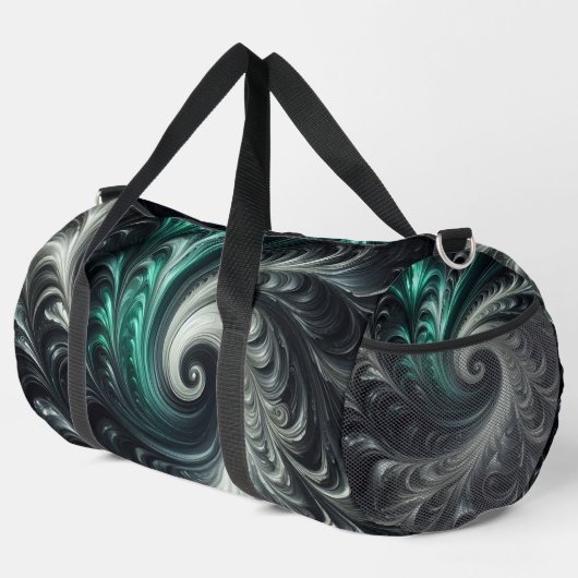 抽象芸術モダン、緑、銀、黒の渦巻き ダッフルバッグ (右コーナー)