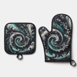 抽象芸術モダン、緑、銀、黒の渦巻き 鍋つかみ&鍋敷きセット
