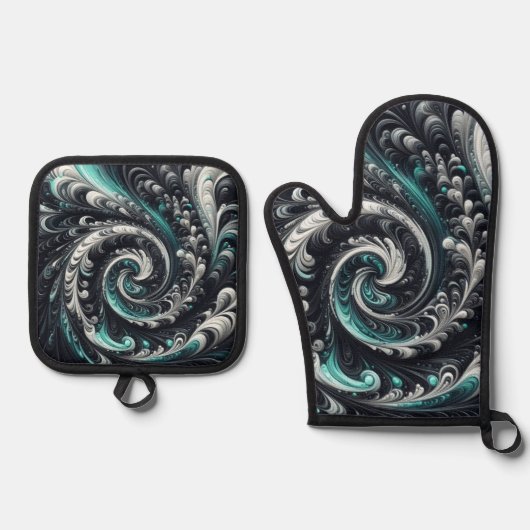 抽象芸術モダン、緑、銀、黒の渦巻き 鍋つかみ&鍋敷きセット (正面)