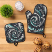 抽象芸術モダン、緑、銀、黒の渦巻き 鍋つかみ&鍋敷きセット (トップダウン)