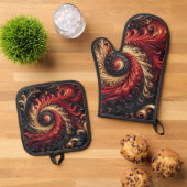 抽象芸術モダン、赤、黒、金ゴールド 鍋つかみ&鍋敷きセット (トップダウン)