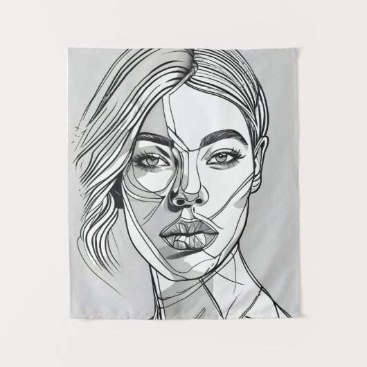 抽象芸術モノクロラインアートポートレート タペストリー (正面)