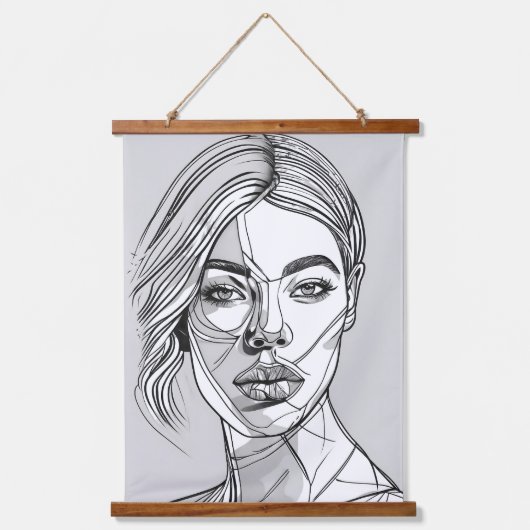 抽象芸術モノクロラインアートポートレート 吊り下げ型タペストリー (正面)