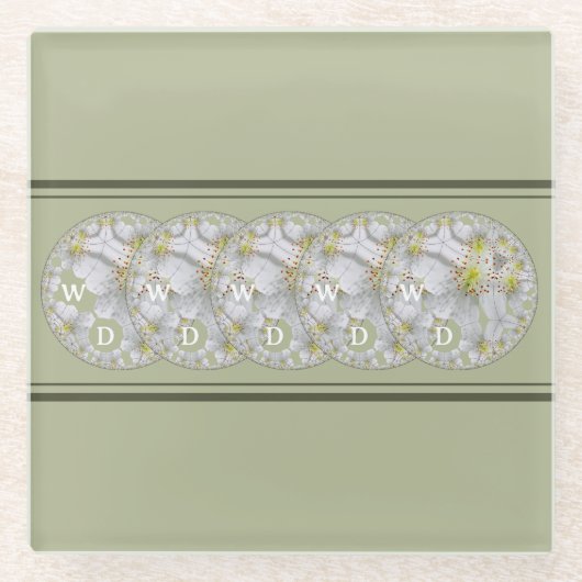 抽象芸術モノグラムのデイジーフラワーイエローグレー ガラスコースター (正面)