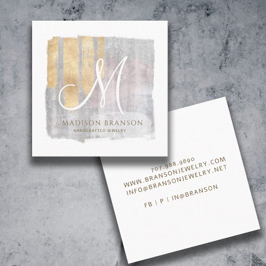 抽象芸術モノグラム金ゴールドピンクブルージュエリーデザイナー スクエア名刺