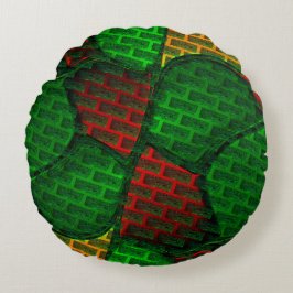抽象芸術モンタージュ？レンガ、赤、緑、黄 ラウンドクッション
