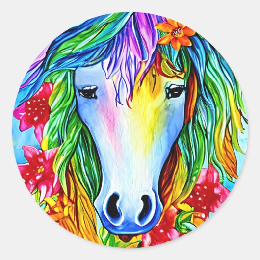 抽象芸術ユニコーン顔花ウォーターカラーアートクラス ラウンドシール (正面)