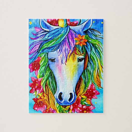 抽象芸術ユニコーン顔花ウォーターカラーアート ジグソーパズル (縦)