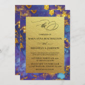 *~*抽象芸術ユニークブルー金ゴールド結婚グリッター 招待状 (正面/裏面)