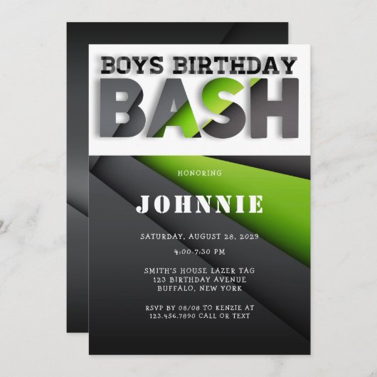 抽象芸術ライムグリーンブラックボーイズバッシュバースデーパーティー 招待状 (正面/裏面)