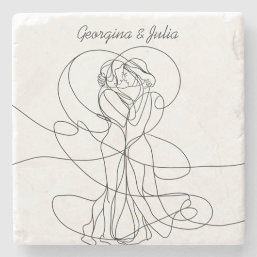 抽象芸術ラインアートオブレズビアンカップルの名前 ストーンコースター (正面)