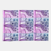 抽象芸術ラインスケッチフローラアートパープルブルー キッチンタオル (横)