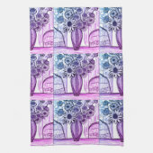 抽象芸術ラインスケッチフローラアートパープルブルー キッチンタオル (縦)