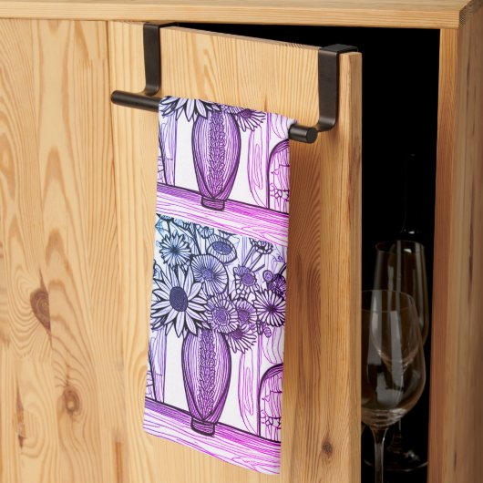 抽象芸術ラインスケッチフローラアートパープルブルー キッチンタオル (三つ折り)