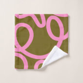 抽象芸術ラインピンクとオリーブグリーン バスタオルセット (ウォッシュタオル)