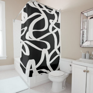 抽象芸術ラインモダンブラックとベージュクリームの渦巻き シャワーカーテン
