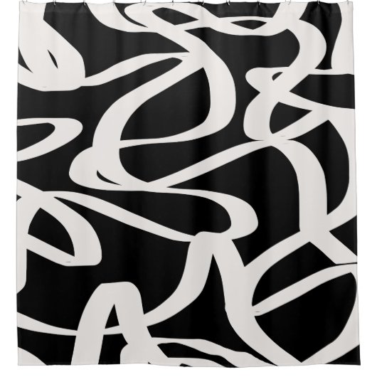 抽象芸術ラインモダンブラックとベージュクリームの渦巻き シャワーカーテン (正面)