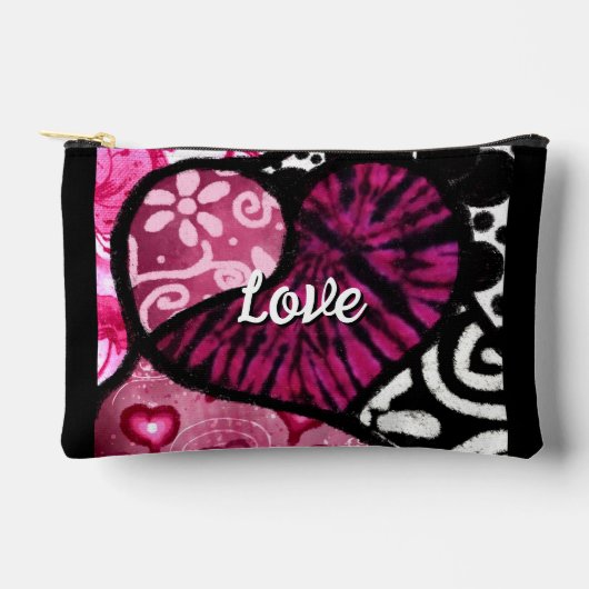 抽象芸術ラブハートピンクフローラ水玉模様ブラック アクセサリーポーチ (正面)