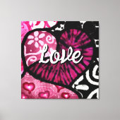 抽象芸術ラブハートピンクフローラ水玉模様ブラック キャンバスプリント (正面)