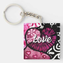 抽象芸術ラブハートピンクフローラ水玉模様ブラック キーホルダー
