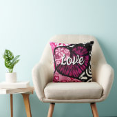 抽象芸術ラブハートピンクフローラ水玉模様ブラック クッション (椅子)