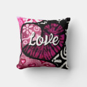 抽象芸術ラブハートピンクフローラ水玉模様ブラック クッション (正面)