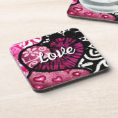抽象芸術ラブハートピンクフローラ水玉模様ブラック コースター (左側)
