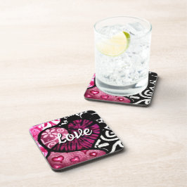抽象芸術ラブハートピンクフローラ水玉模様ブラック コースター
