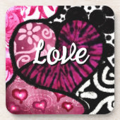 抽象芸術ラブハートピンクフローラ水玉模様ブラック コースター (正面)