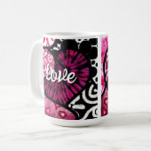 抽象芸術ラブハートピンクフローラ水玉模様ブラック コーヒーマグカップ (正面左)