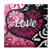 抽象芸術ラブハートピンクフローラ水玉模様ブラック タイル (正面)