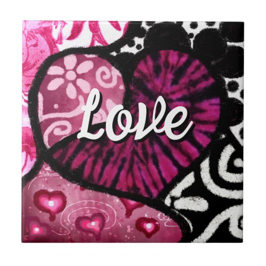 抽象芸術ラブハートピンクフローラ水玉模様ブラック タイル (正面)