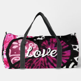抽象芸術ラブハートピンクフローラ水玉模様ブラック ダッフルバッグ