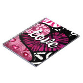 抽象芸術ラブハートピンクフローラ水玉模様ブラック ノートブック (左側)