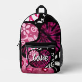 抽象芸術ラブハートピンクフローラ水玉模様ブラック プリントバックパック (正面)