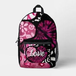 抽象芸術ラブハートピンクフローラ水玉模様ブラック プリントバックパック