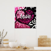 抽象芸術ラブハートピンクフローラ水玉模様ブラック ポスター (キッチン)